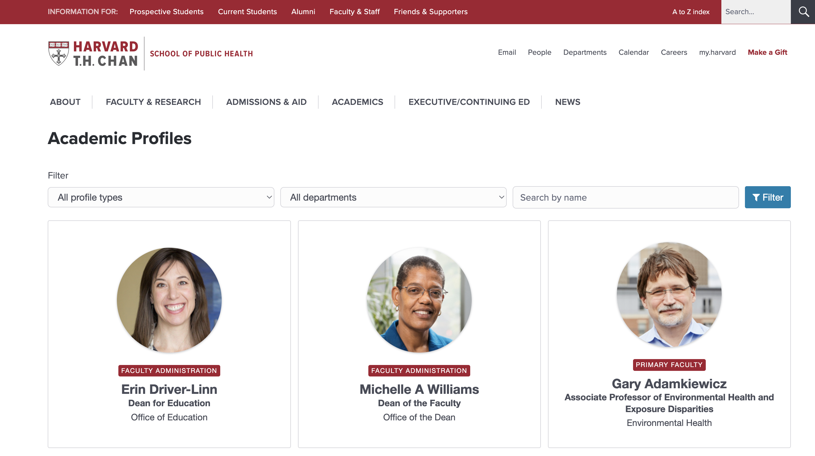 The front page of the Academic Profiles site